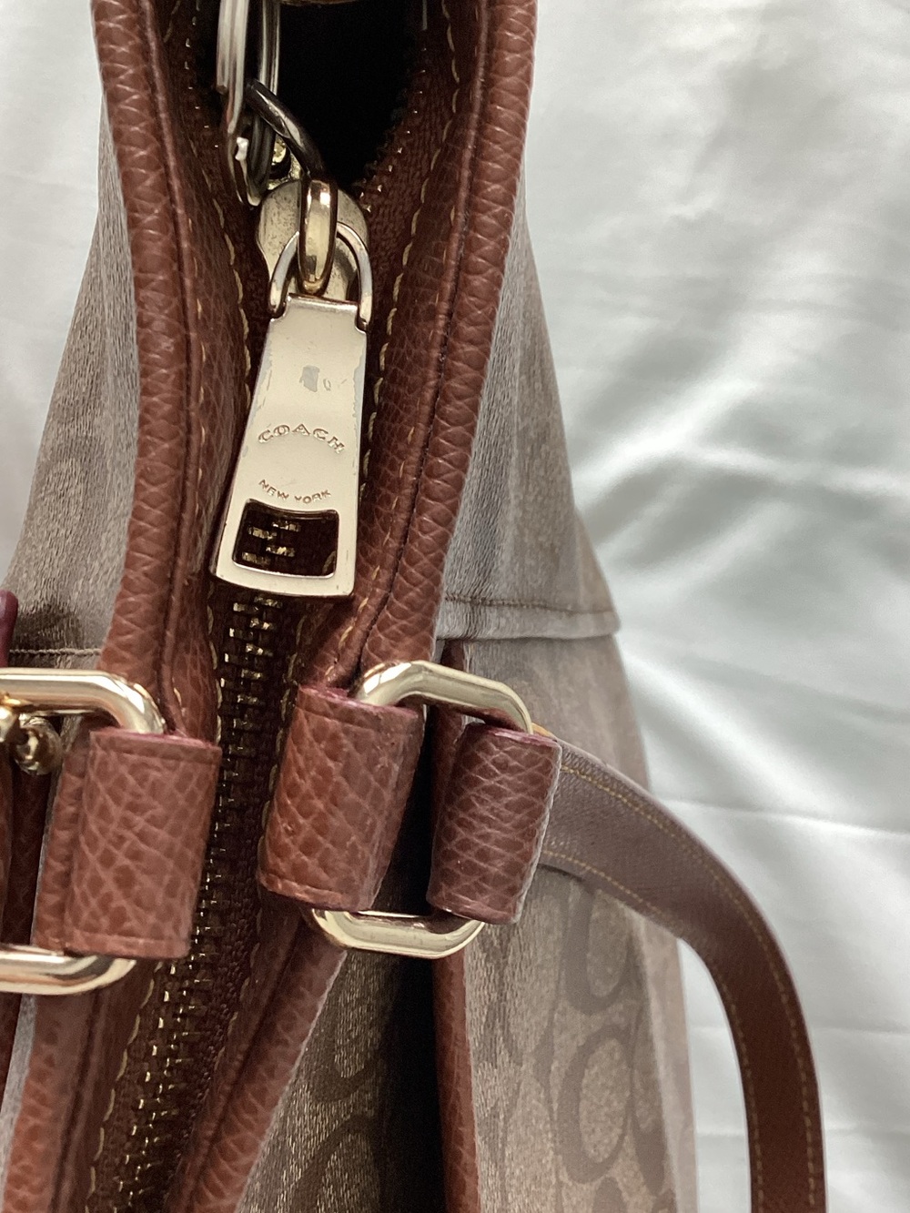 Coach Peyton Signature Logo Canvas Pocket Tote in Khaki/Saddle - Picture 7 of 16